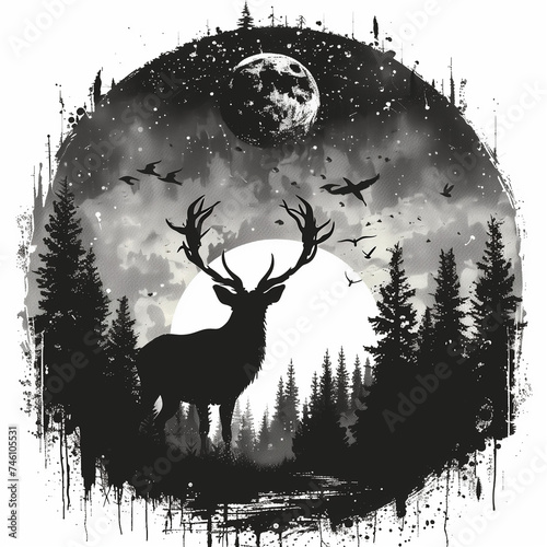 Silhouette of a Male Deer in Front of a Forestscape: Retro-Style, Screen Printed Logo on a White Background photo