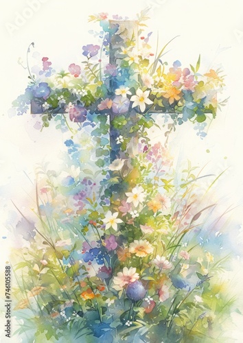 A watercolor illustration of a cross adorned with spring flowers and vines, symbolizing hope and resurrection associated with Easter