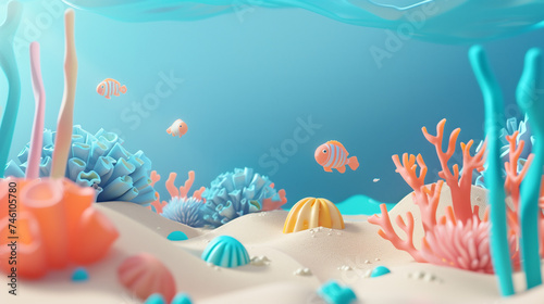 Underwater World Illustration: Seabed with Sand and Seaweed in 3D Cartoon Style for Children, Minimal Detail, Blue
