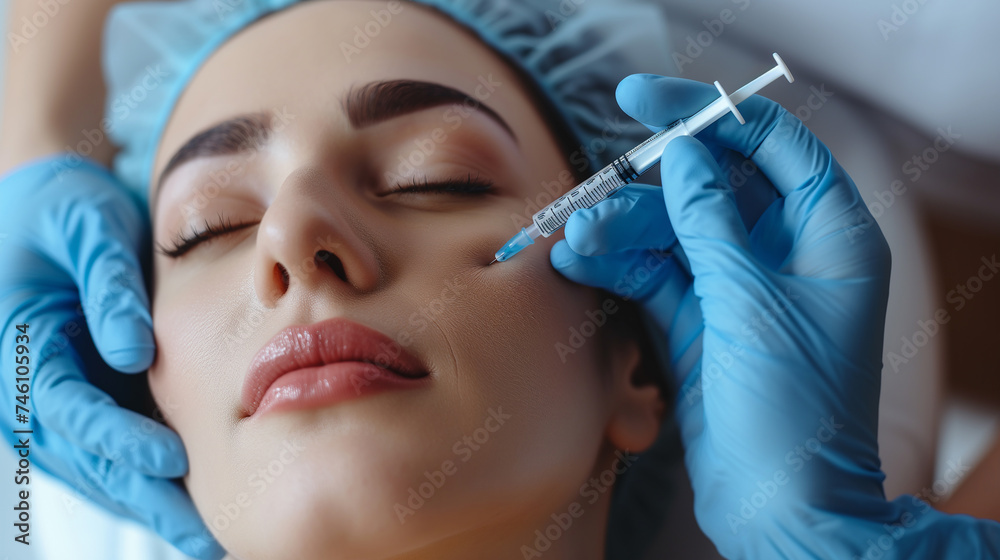 Lip augmentation and correction procedure in a cosmetology salon. The specialist makes a beauty injection Lip augmentation and correction procedure in a cosmetology salon. The specialist makes a beauty injection