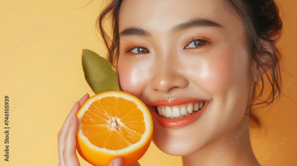 Beauty. Fruit And Model Portrait. Happy Ethnic asian Woman With Juicy Orange Beauty. Fruit And Model Portrait. Happy Ethnic asian Woman With Juicy Orange