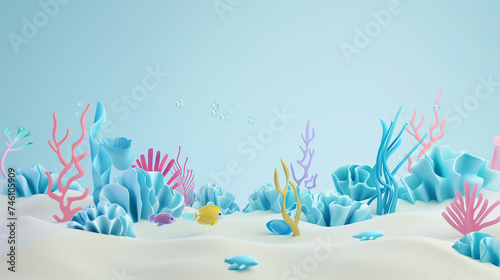 Underwater World Illustration: Seabed with Sand and Seaweed in 3D Cartoon Style for Children, Minimal Detail, Blue