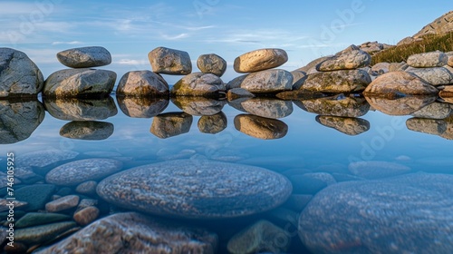 Reflective harmony  Smooth stones arranged in perfect balance  mirroring the clear sky above in a serene pool of water.