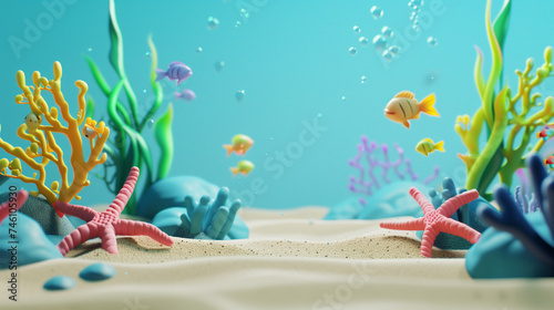 Underwater World Illustration: Seabed with Sand and Seaweed in 3D Cartoon Style for Children, Minimal Detail, Blue