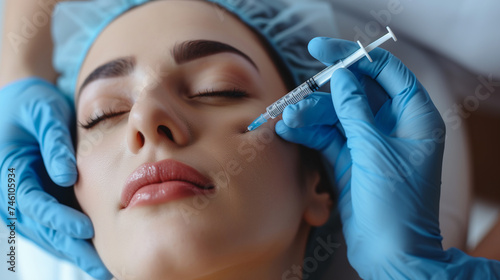 Lip augmentation and correction procedure in a cosmetology salon. The specialist makes a beauty injection