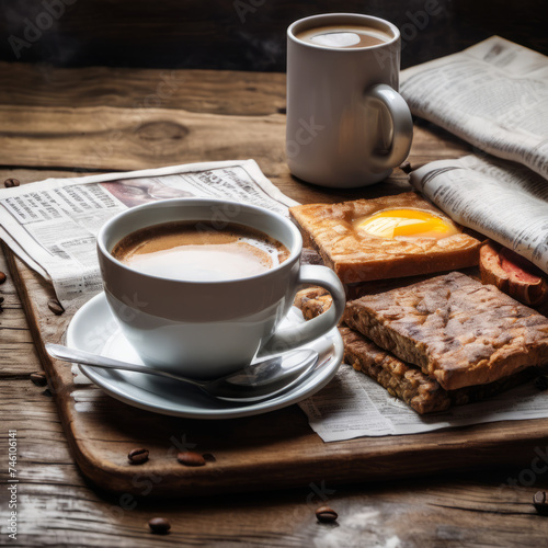 Closeup photo of a nutritious breakfast on a vintage wooden board with newspaper underneath
