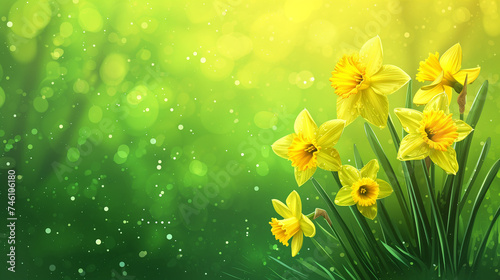 daffodils in sunshine ,flowers in green spring meadow on blurred bokeh background