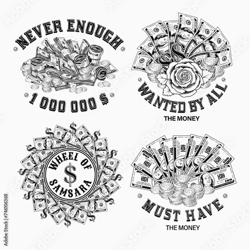 Set of black and white money vintage labels with 100 US dollar notes, golden coins, text. Concept illustrations on white background in vintage style. For prints, clothing, apparel, t shirt design