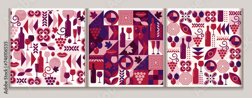 Red wine theme seamless patterns with icons