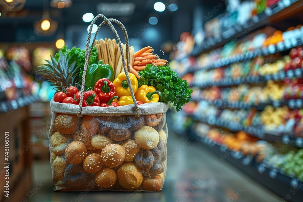 Overfilled grocery bag on a supermarket counter showcasing colorful vegetables and breads, reflecting abundance - obrazy, fototapety, plakaty 