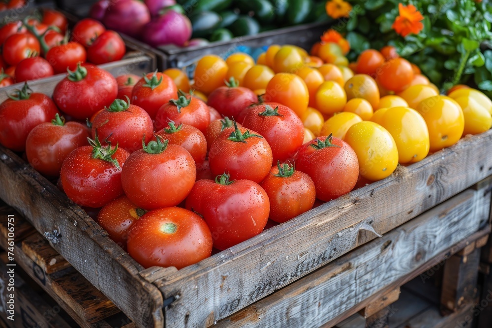 An assortment of red and yellow tomatoes on display in a rustic wooden crate at a local farmer's market An assortment of red and yellow tomatoes on display in a rustic wooden crate at a local farmer's market