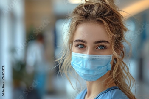Attractive healthcare worker in mask with clear blue eyes and blonde hair