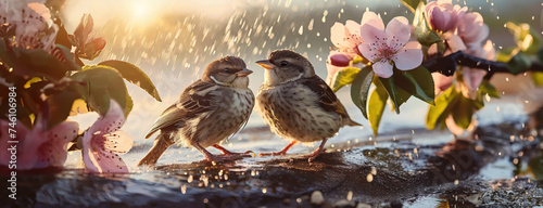 Sparrows chat under a spring shower among pink blossoms. These feathered conversationalists enjoy a refreshing rain amidst the flowering boughs of a fruit tree. photo