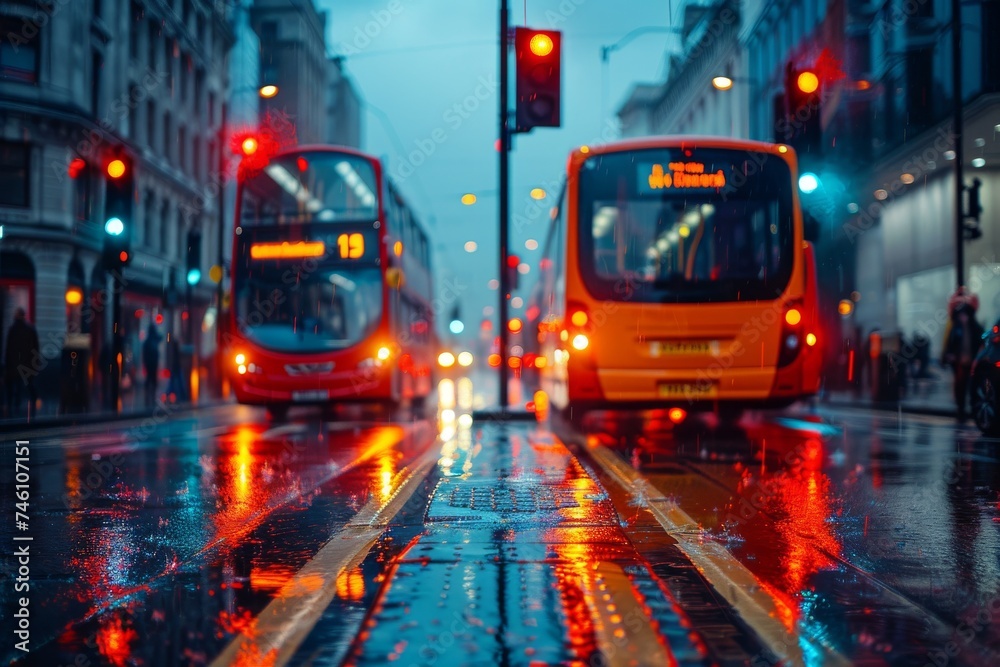 A vivid capture of London's iconic red buses on wet streets reflecting city lights under a moody sky