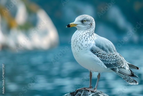 A majestic seagull stands attentively on a rock with a calm water backdrop, showcasing wildlife in its natural habitat photo