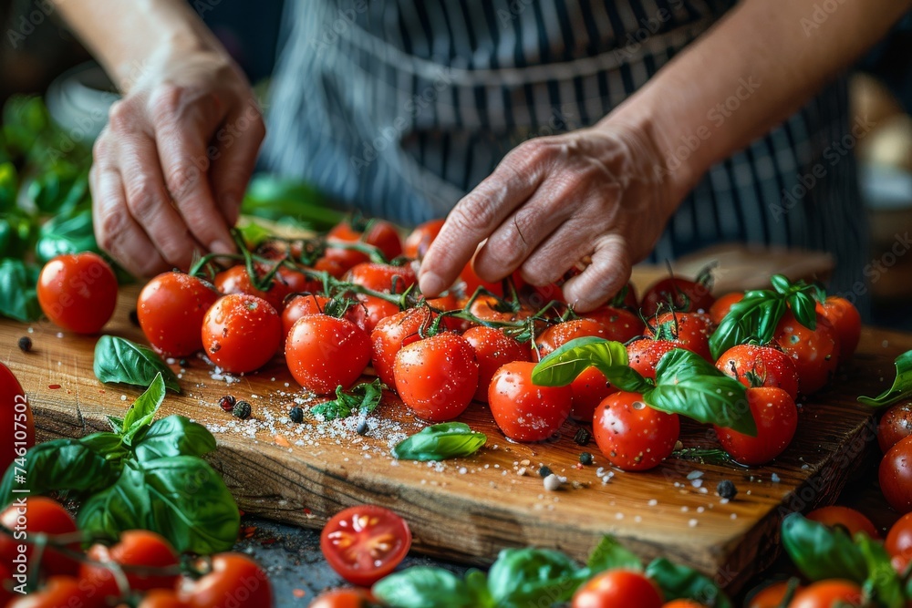 Close-up of hands sprinkling salt on fresh, vibrant tomatoes adorned with green basil leaves Close-up of hands sprinkling salt on fresh, vibrant tomatoes adorned with green basil leaves