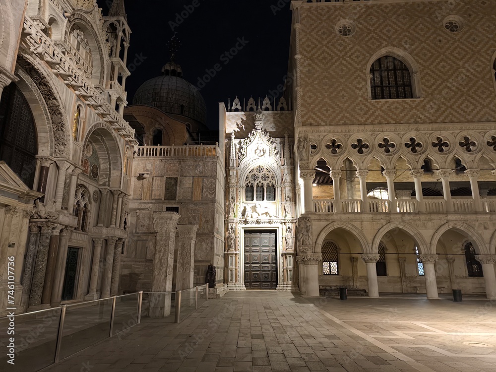Venice, Piazza San Marco at night, entrance to the Doge's Palace