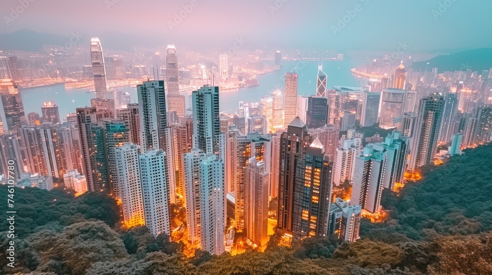 a view of a city at night from the top of a hill with a lot of tall buildings in the foreground.