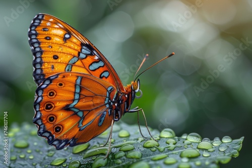 Close-up of a vibrant orange butterfly with detailed wing pattern resting on a dewy green leaf © svastix