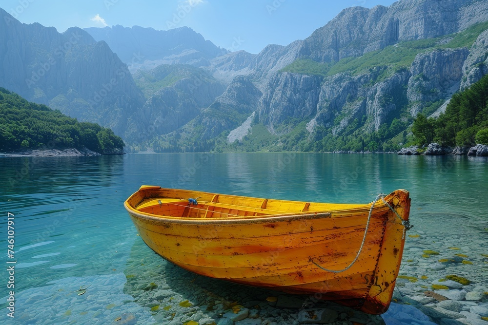 A lone yellow boat tethered on the shores of a pristine mountain lake with towering cliffs