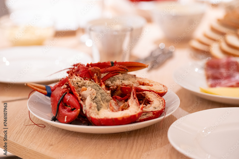 Red cooked lobster on a table. Red cooked lobster on a table.