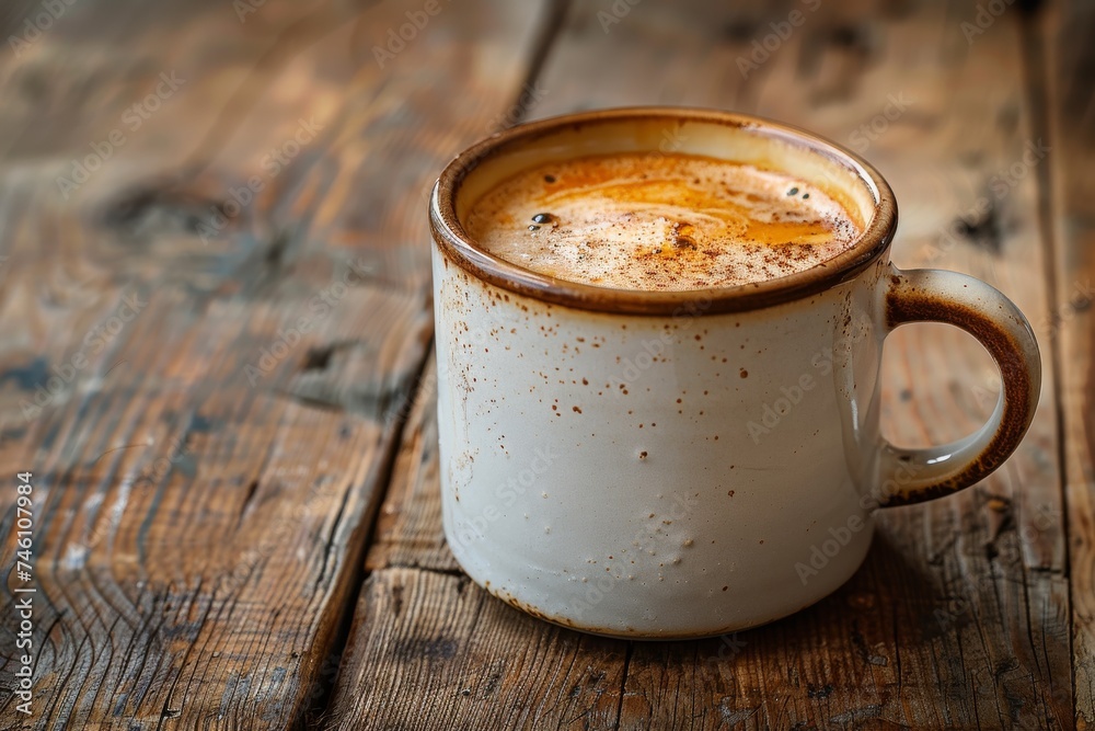 An enticing close-up of a rustic mug holding creamy coffee, capturing the robust flavor and homely atmosphere An enticing close-up of a rustic mug holding creamy coffee, capturing the robust flavor and homely atmosphere