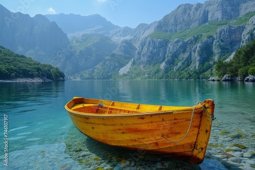A lone yellow boat tethered on the shores of a pristine mountain lake with towering cliffs