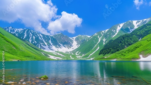 a large body of water surrounded by green hills and a blue sky with a few white clouds in the distance.