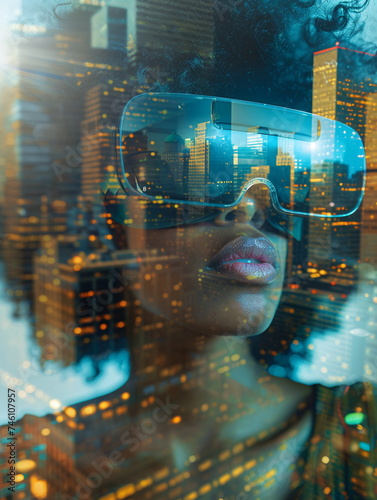 a woman is wearing a virtual reality headset and looking out a window at a city