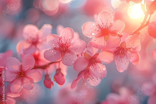 Close-up of pink cherry blossoms with delicate petals and water droplets illuminated by soft sunlight © svastix
