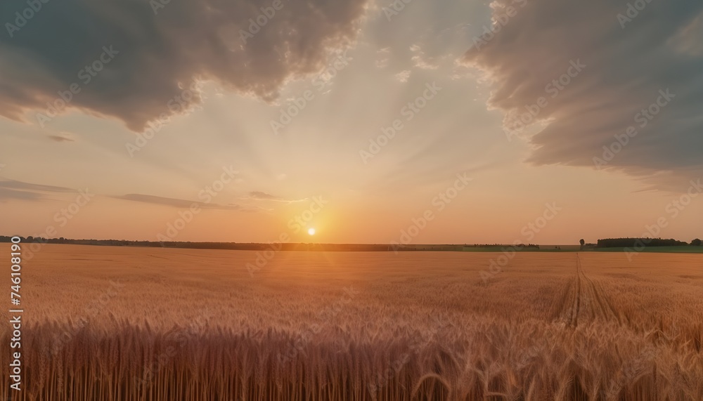 Sunset on a wheat field, cloudy sky, sunshines