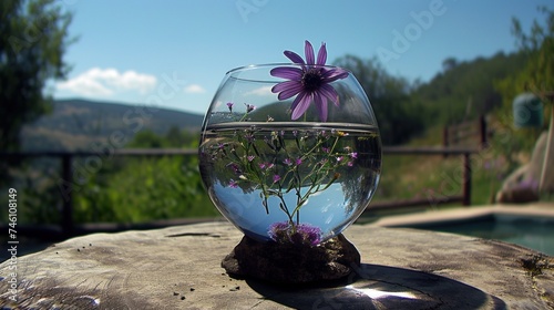 a vase filled with water and a purple flower on top of a wooden table next to a pool of water. photo