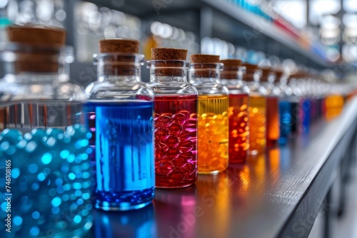 Scientific research concept with vials of various colored chemicals lined on a laboratory shelf