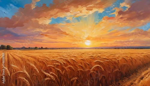 Sunset on a wheat field, cloudy sky, painting © Lied