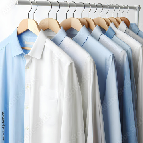 Clean clothes white and pastel blue men's shirts on hangers after dry-cleaning or for sale in the shop on white background