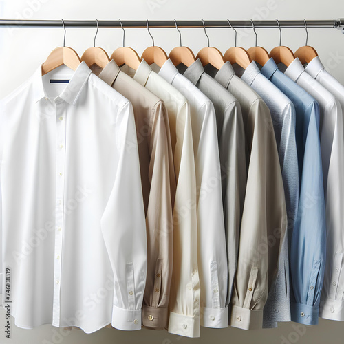 Clean clothes white and beige men's shirts on hangers after dry-cleaning or for sale in the shop on white background