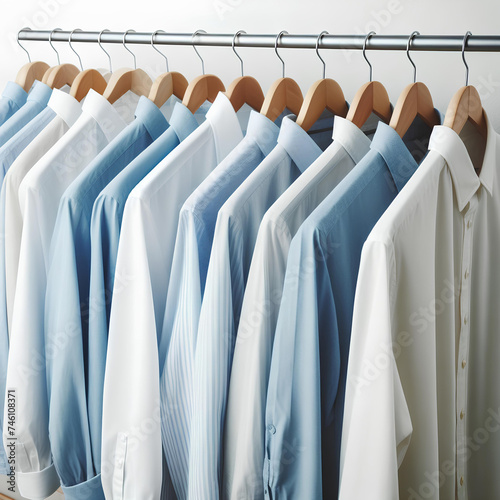 Clean clothes white and pastel blue men's shirts on hangers after dry-cleaning or for sale in the shop on white background