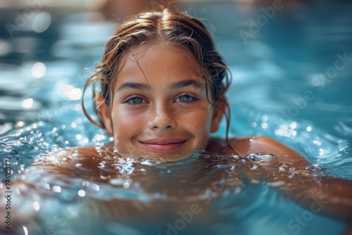 A young girl with piercing blue eyes swimming in crystal-clear blue pool water