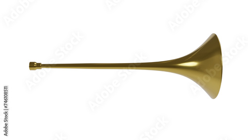 Golden fanfare trumpet isolated on transparent and white background. Music concept. 3D render