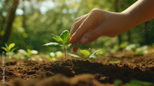 a close up of a person's hand touching a small green plant in a dirt field with trees in the background.