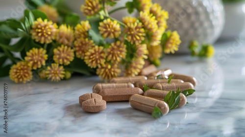 Rhodiola capsules and the fresh Rhodiola plant on a marble surface, reflecting modern dietary supplement trends