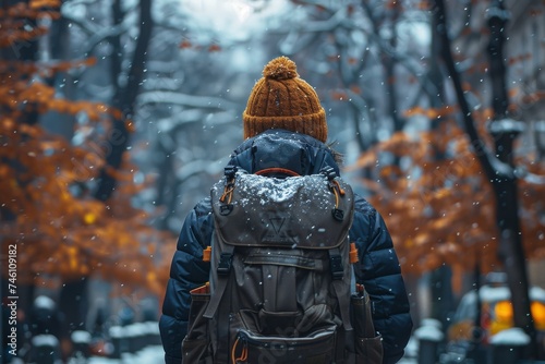 A solitary wanderer donned in a warm hat and backpack facing away from the camera, amidst a tranquil snowfall and blurred winter scene