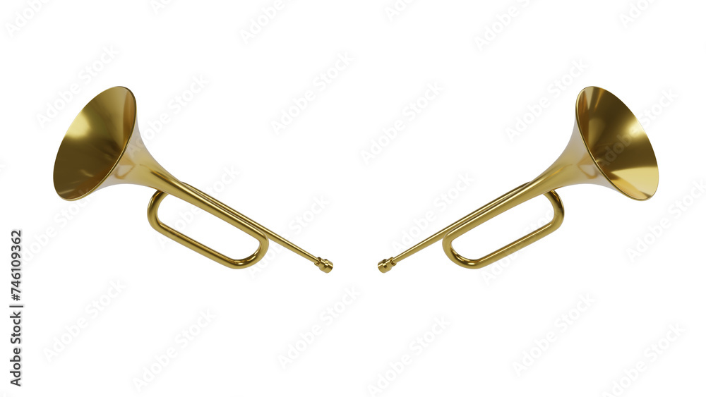 Two golden fanfare trumpet isolated on transparent and white background. Music concept. 3D render Two golden fanfare trumpet isolated on transparent and white background. Music concept. 3D render