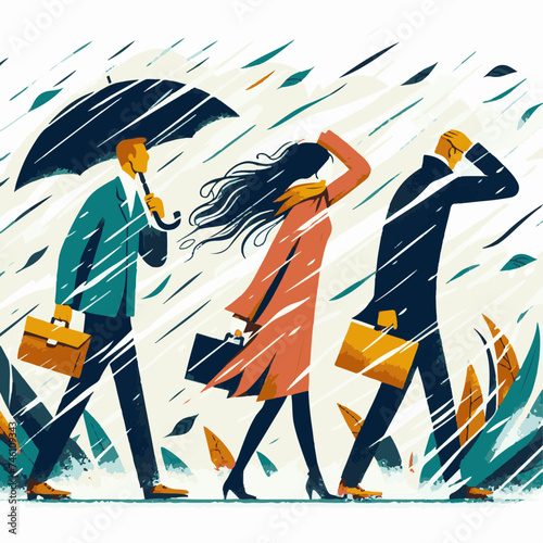 Vector illustration of business people walking in the rain with umbrellas