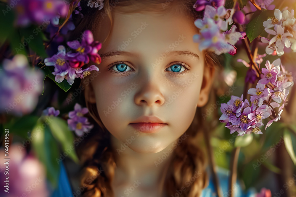 girl with a branch of flowers close-up