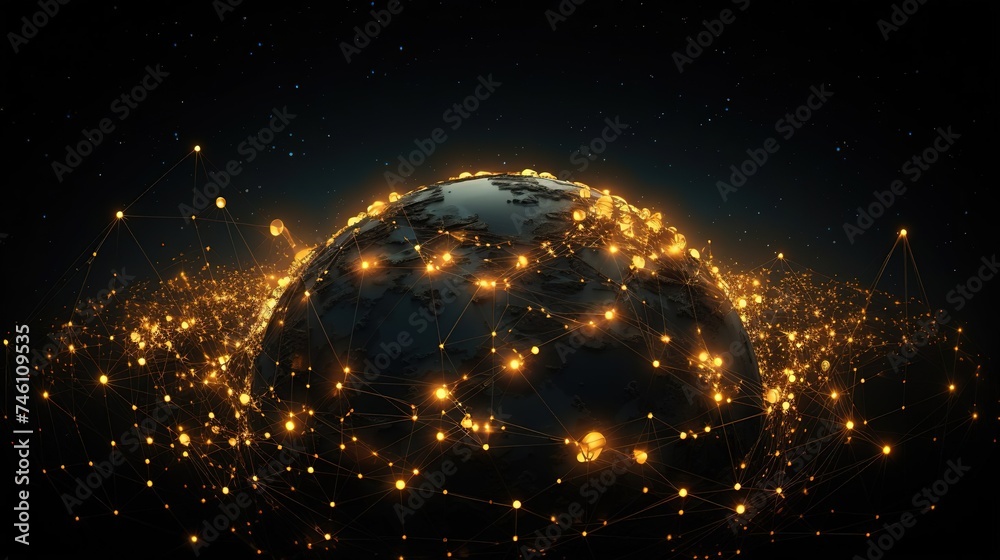 Communication lines around the globe, a thematic background with a light effect. Background of global international communication, Earth with lights on a black background