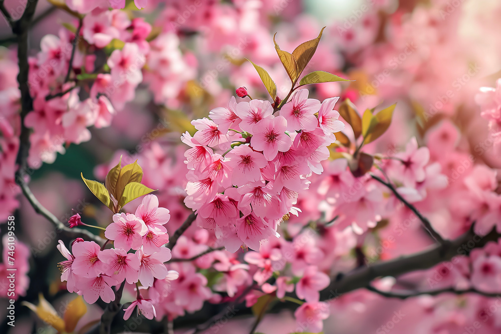 Fototapeta premium a cherry blossom tree with pink flowers and green leaves
