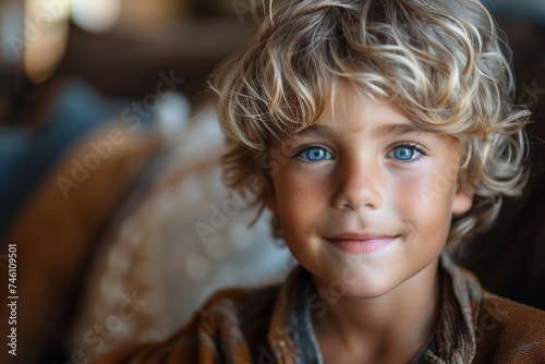 A close-up portrait of a smiling young boy with curly hair and striking blue eyes that convey innocence and joy