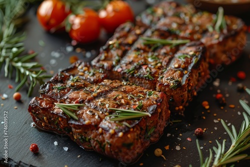 Delicious grilled steak seasoned with fresh herbs, spices, and garnishments, presented on a dark slate surface photo