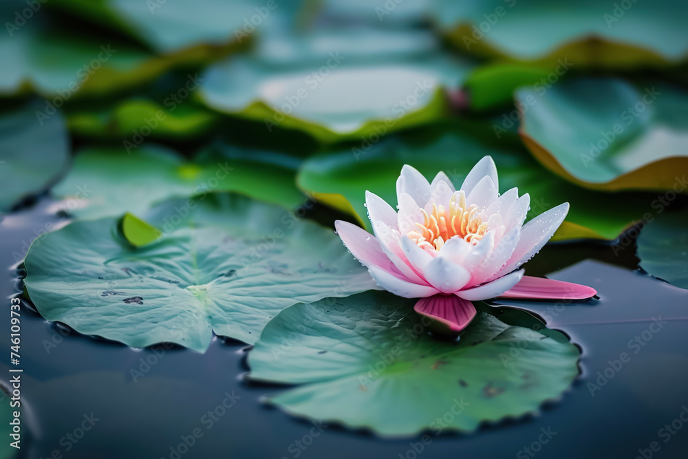 a lotus flower floating on a pond with green leaves a lotus flower floating on a pond with green leaves